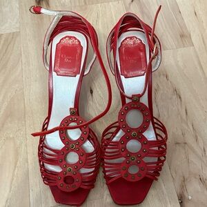 Dior Red Strappy Heels with Gold Accents